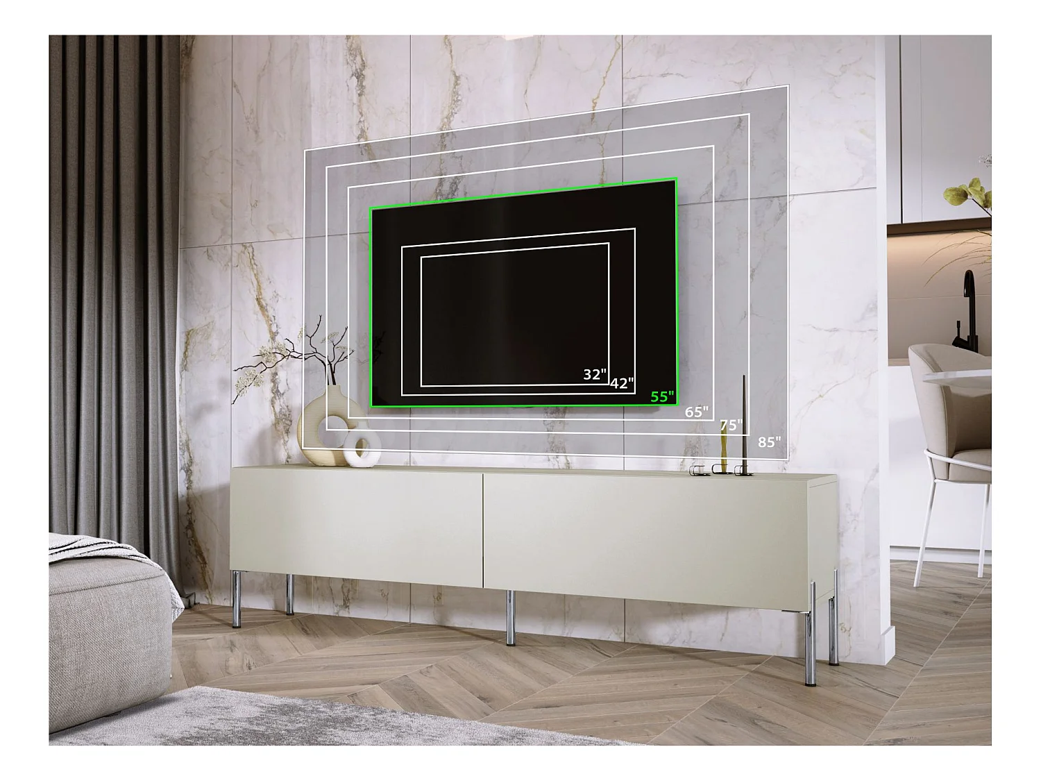 Meuble TV : Cachemire, pieds Chrome, 170 x 52 x 32 cm