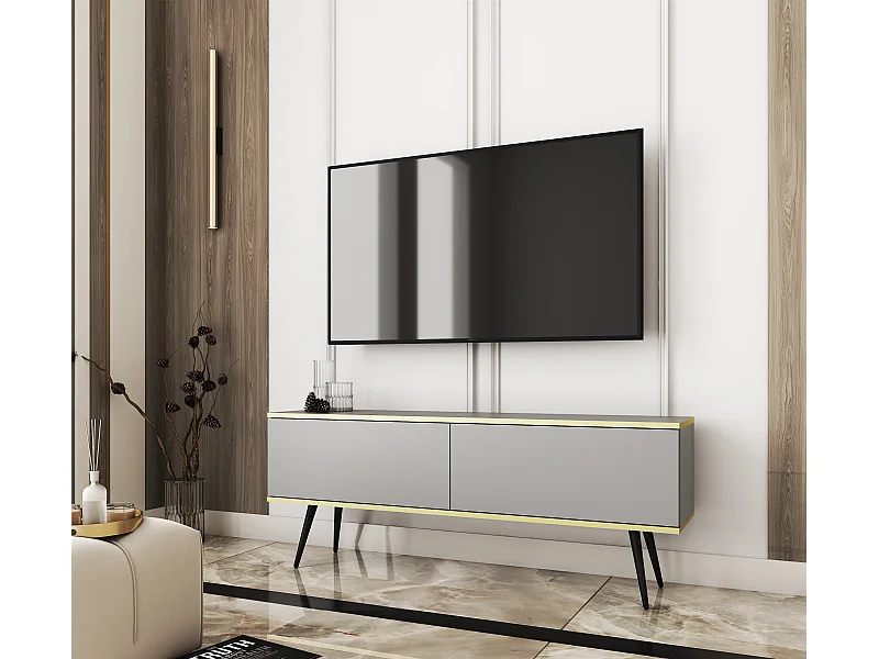 TV-Schrank, Grau, schwarze Beine, 135 x 30 x 52 cm, Push-to-Open