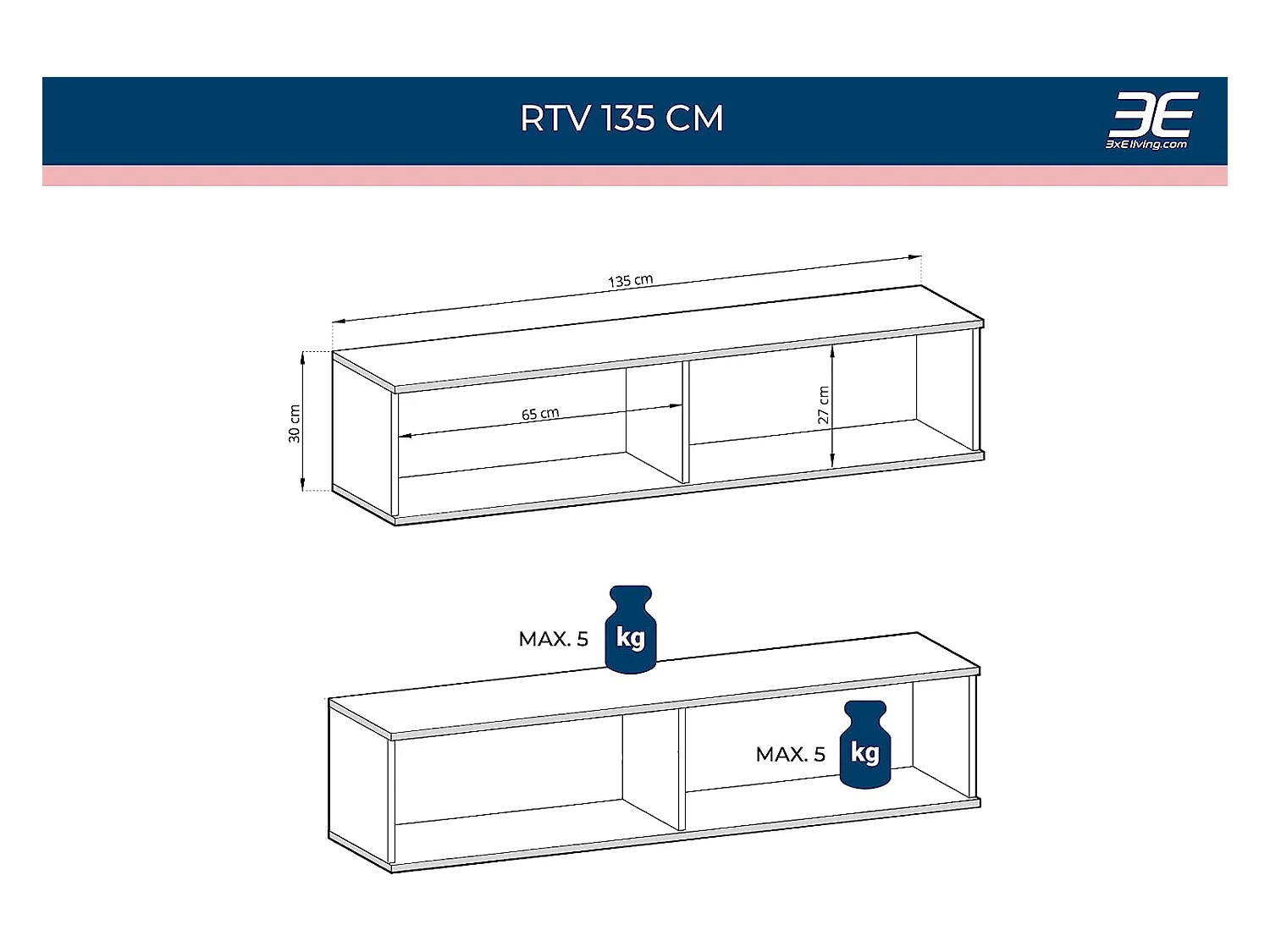 TV-Schrank, Grau, schwarze Beine, 135 x 30 x 52 cm, Push-to-Open