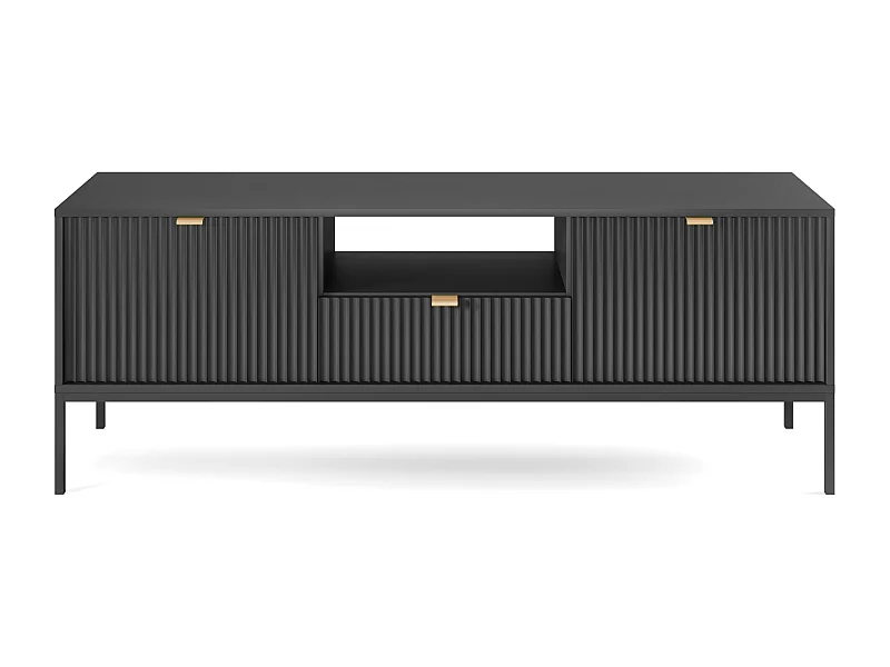 Meuble TV : 1 tiroir, 2 portes, Noir, Noir, 154 x 56 x 39 cm, poignées dorées