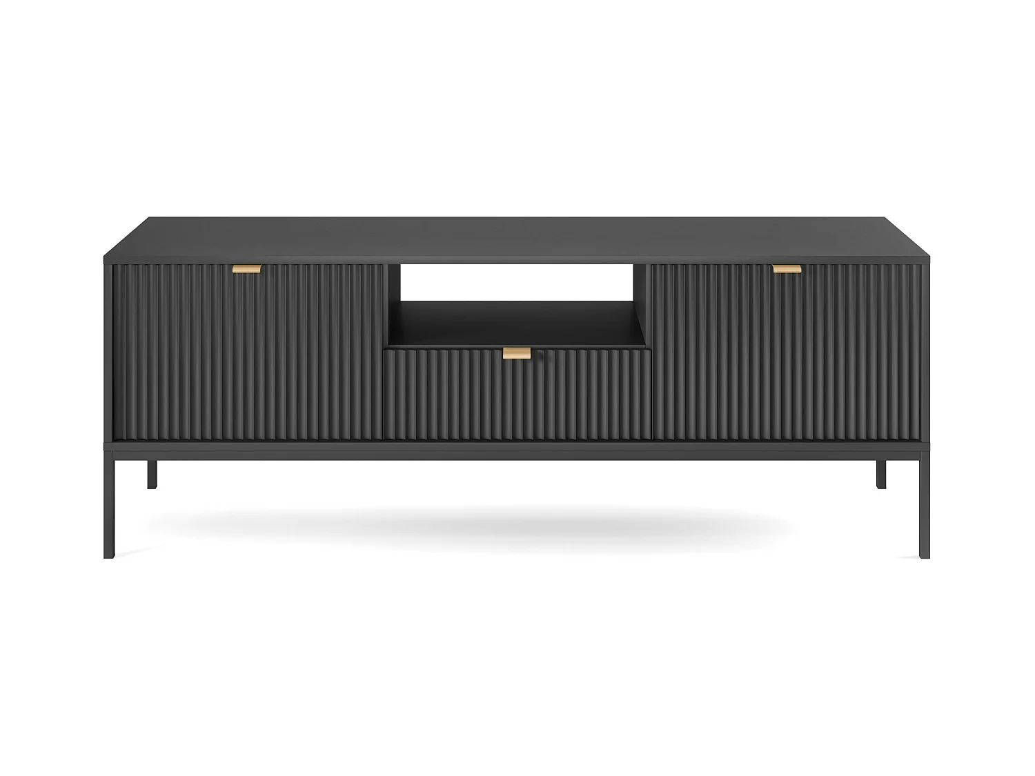 Meuble TV : 1 tiroir, 2 portes, Noir, Noir, 154 x 56 x 39 cm, poignées dorées