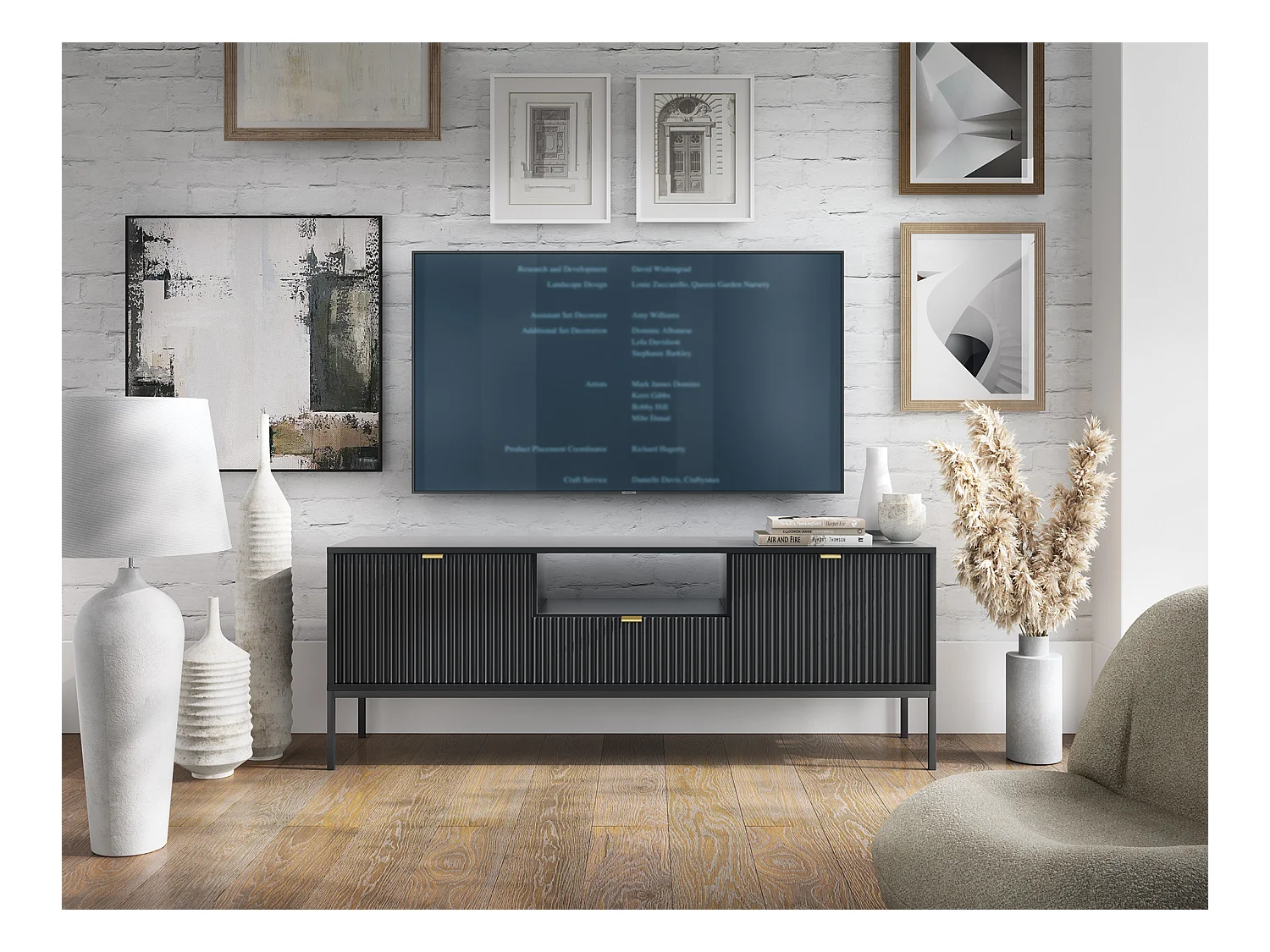 Meuble TV : 1 tiroir, 2 portes, Noir, Noir, 154 x 56 x 39 cm, poignées dorées