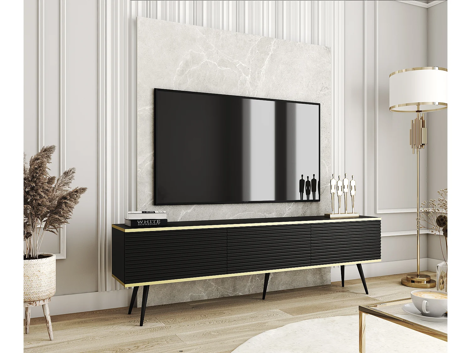 TV-Einheit mit schwarzen Lamellen, schwarzen Füßen, 175 x 30 x 52 cm, Push-to-Open