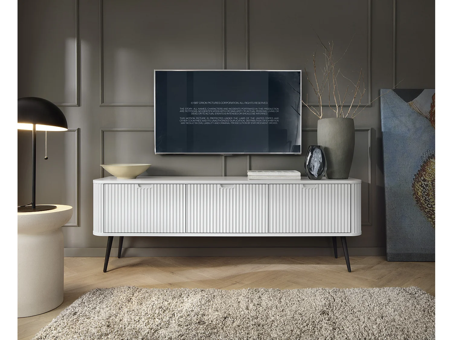 Meuble TV : Blanc, pieds Noir, 168 x 57 x 39 cm