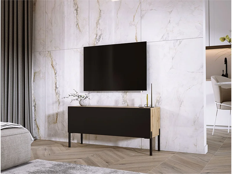 Szafka RTV: Dąb Wotan / Czarny Mat, nogi czarne, 100 x 52 x 32 cm