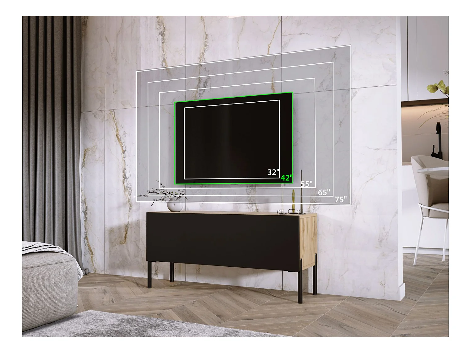 Szafka RTV: Dąb Wotan / Czarny Mat, nogi czarne, 100 x 52 x 32 cm