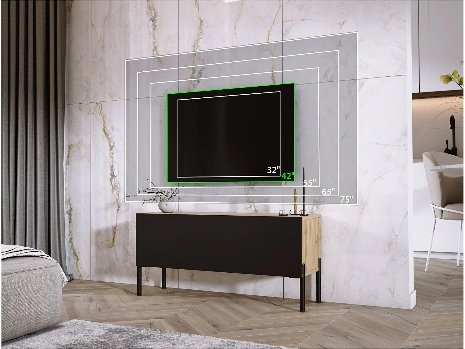 TV-Schrank: Wotan-Eiche / Mattschwarz, schwarze Beine, 100 x 52 x 32 cm