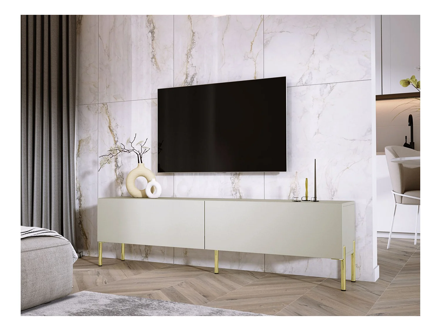 Meuble TV : Cachemire, pieds dorées, 170 x 52 x 32 cm