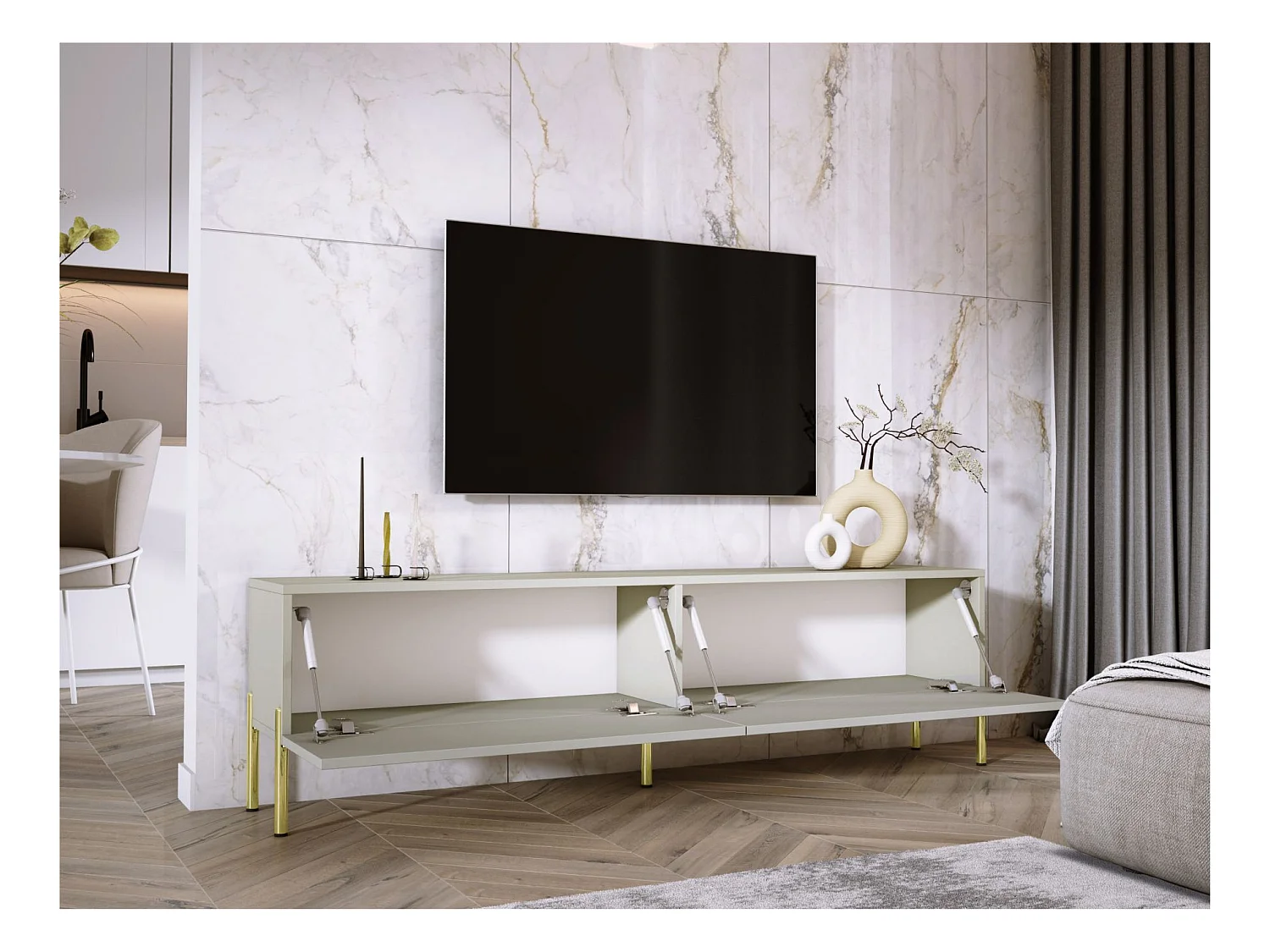 Meuble TV : Cachemire, pieds dorées, 170 x 52 x 32 cm