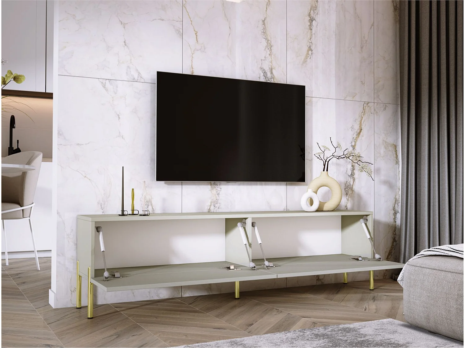 Meuble TV : Cachemire, pieds dorées, 170 x 52 x 32 cm