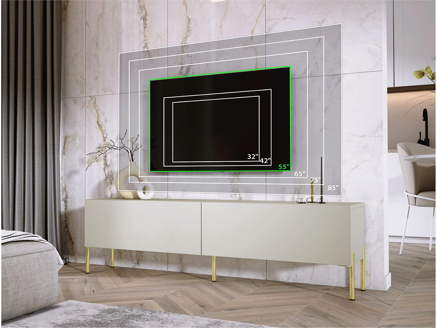 Meuble TV : Cachemire, pieds dorées, 170 x 52 x 32 cm