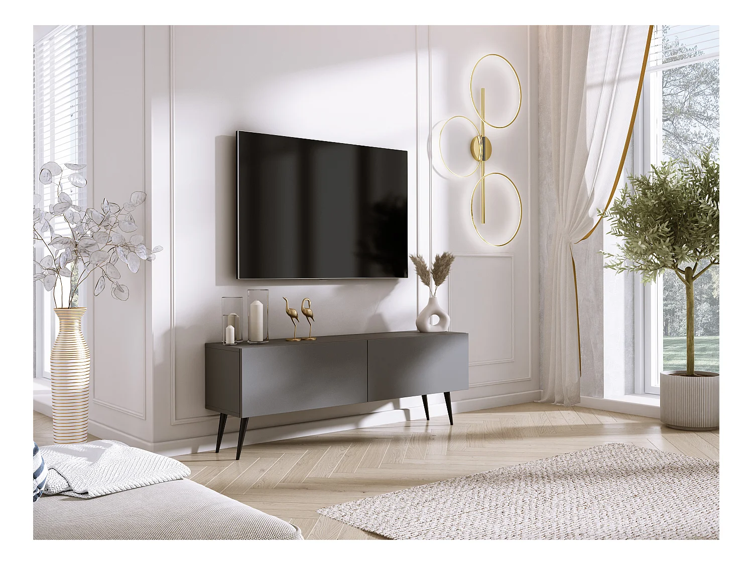 TV-Schrank: Anthrazit, schwarze Beine, 140 x 52 x 32 cm