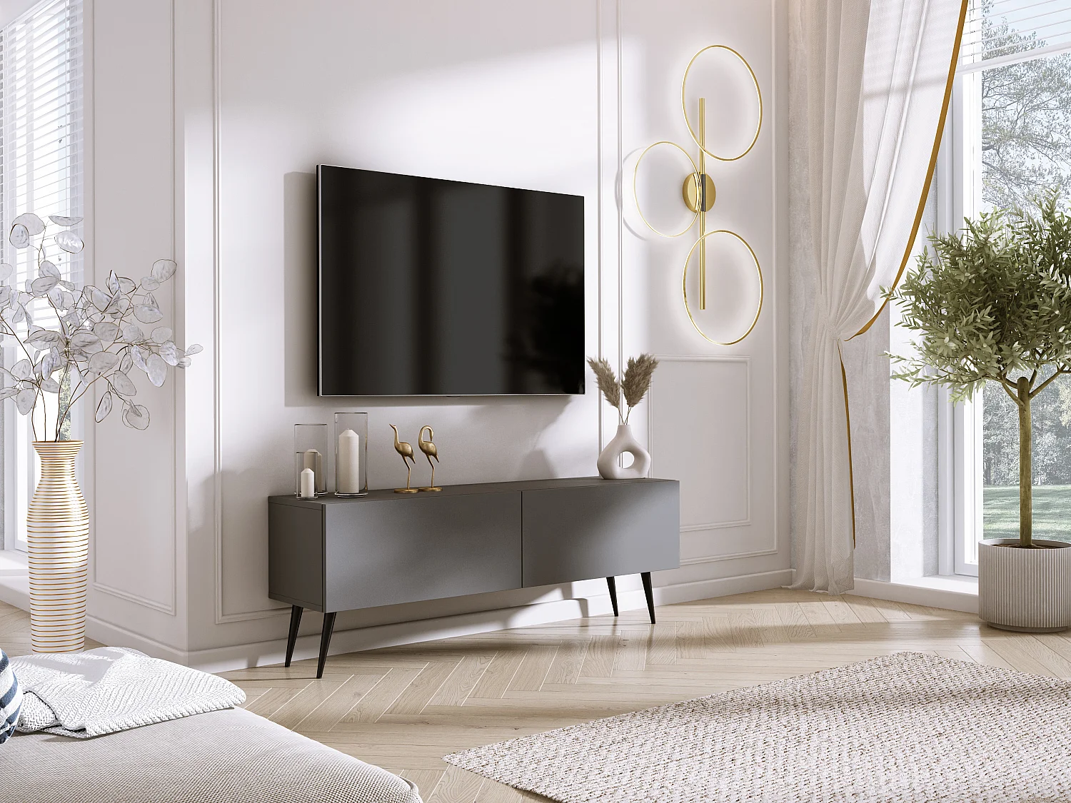 TV-Schrank: Anthrazit, schwarze Beine, 140 x 52 x 32 cm