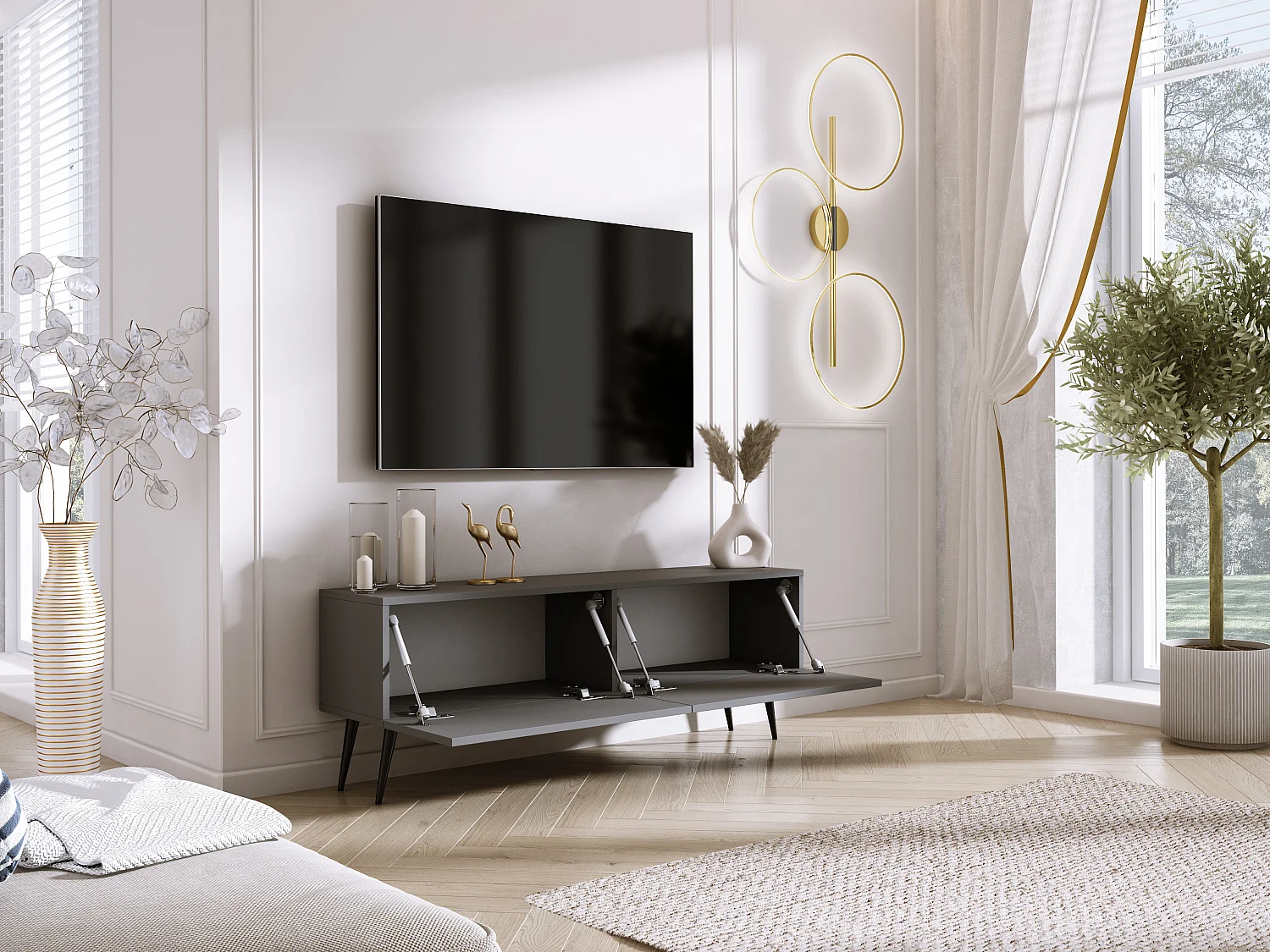 TV stolík: Antracit, čierne nožičky, 140 x 52 x 32 cm