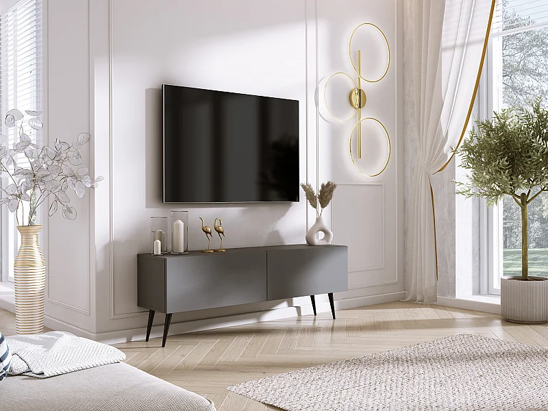 Meuble TV : Anthracite, pieds noires, 140 x 52 x 32 cm