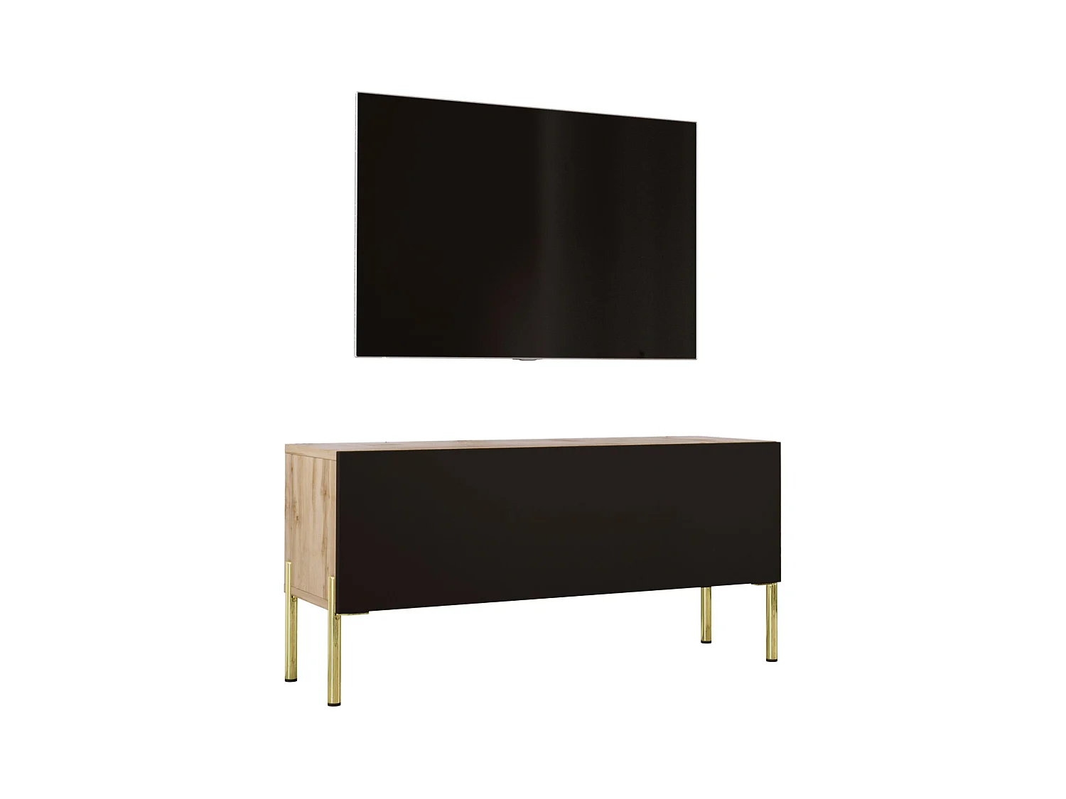 Meuble TV : Chêne Wotan / Noir Mat, pieds dorées, 100 x 52 x 32 cm