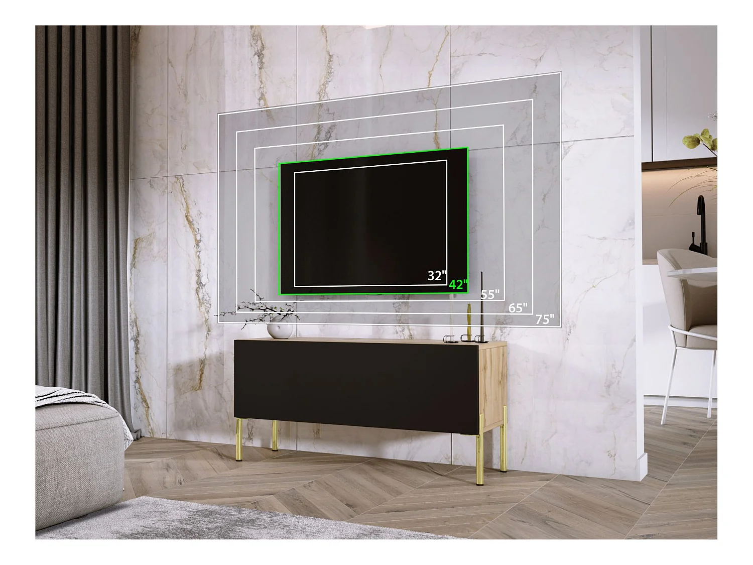 Meuble TV : Chêne Wotan / Noir Mat, pieds dorées, 100 x 52 x 32 cm