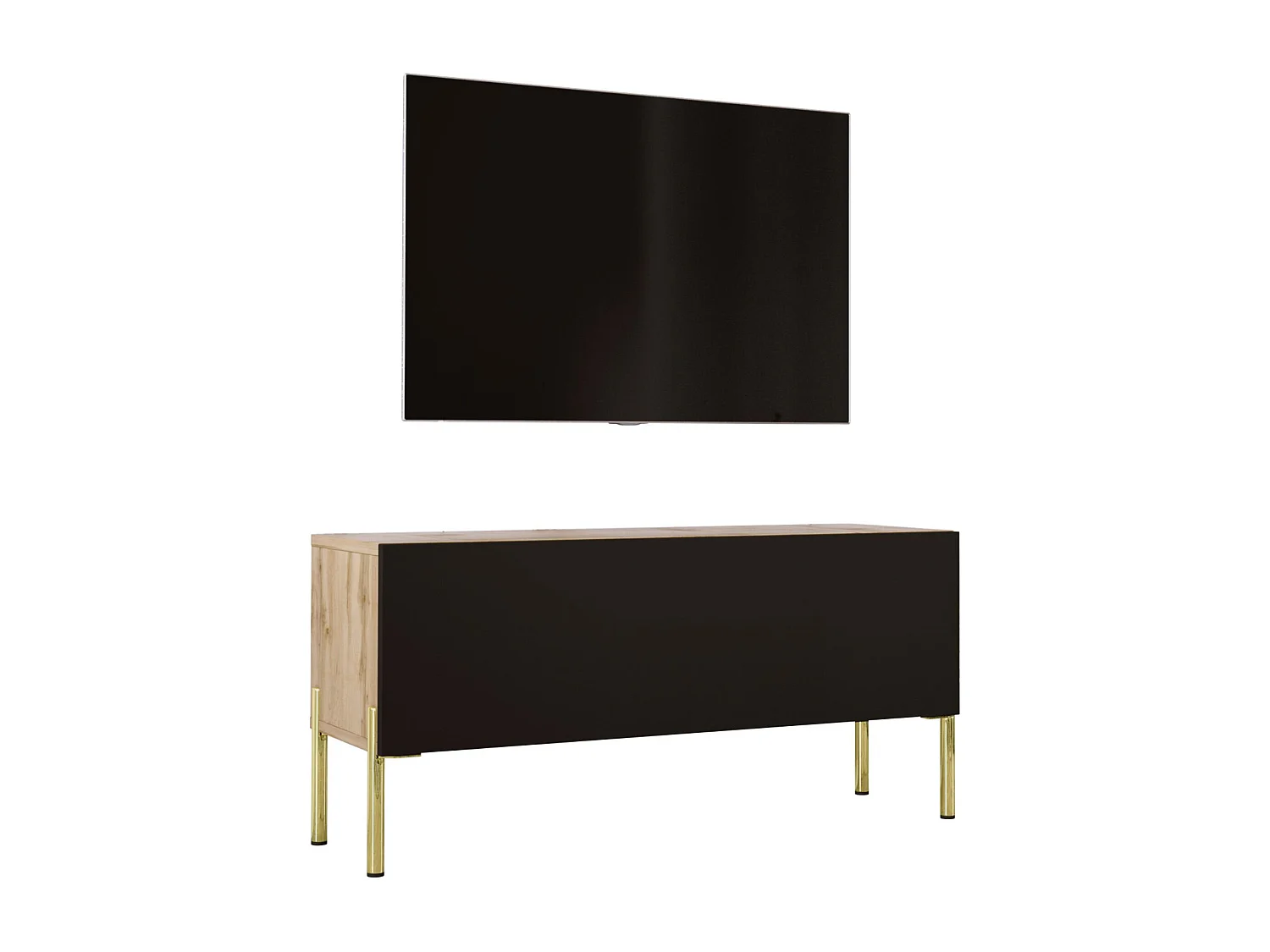 Meuble TV : Chêne Wotan / Noir Mat, pieds dorées, 100 x 52 x 32 cm