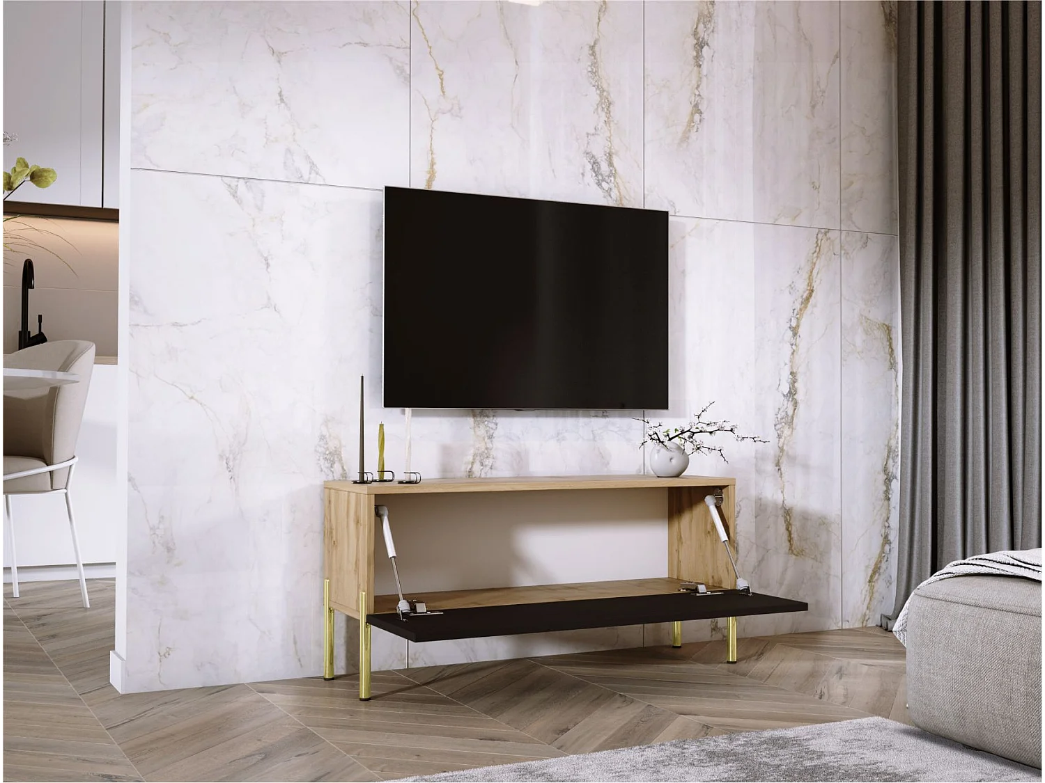 Meuble TV : Chêne Wotan / Noir Mat, pieds dorées, 100 x 52 x 32 cm