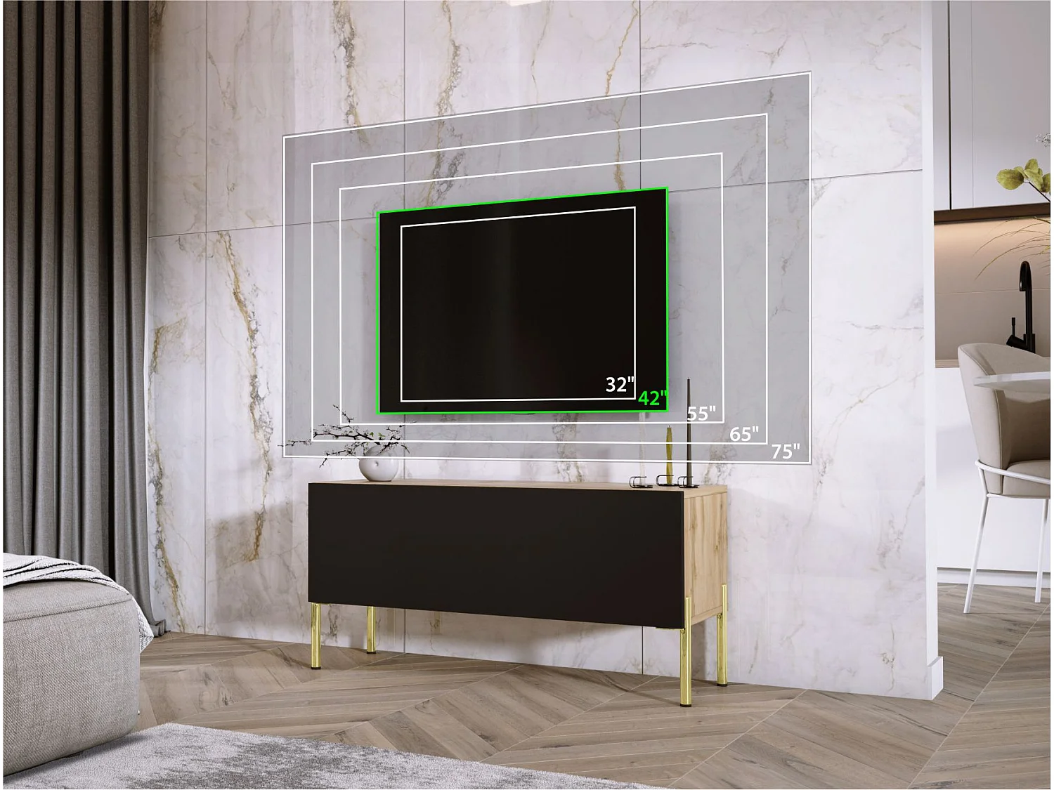 Meuble TV : Chêne Wotan / Noir Mat, pieds dorées, 100 x 52 x 32 cm