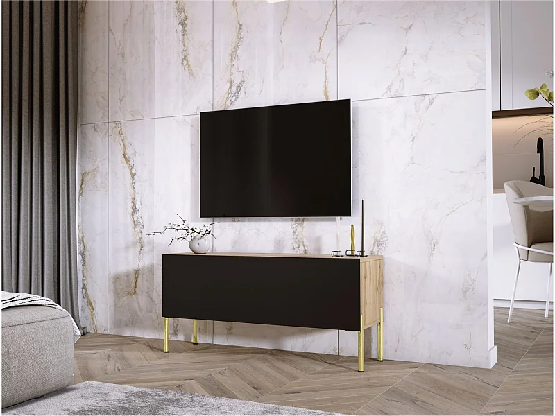 TV-Schrank: Wotan-Eiche / Mattschwarz, goldene Beine, 100 x 52 x 32 cm