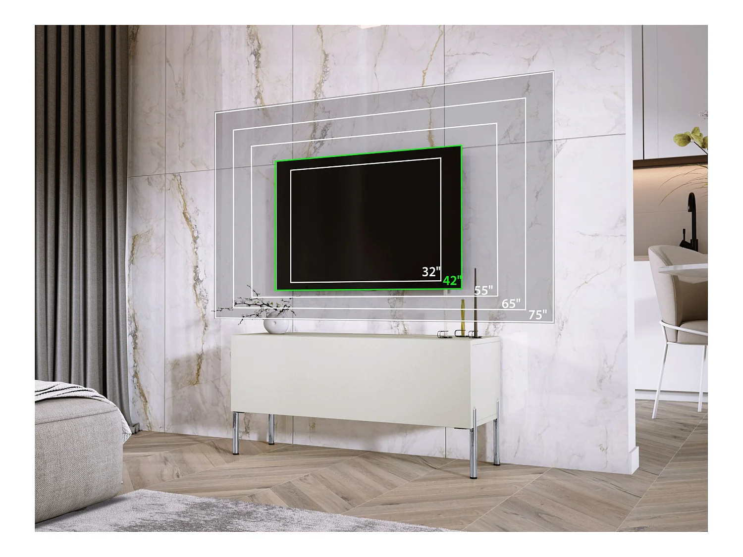 Meuble TV : Cachemire, pieds Chrome, 100 x 52 x 32 Cm