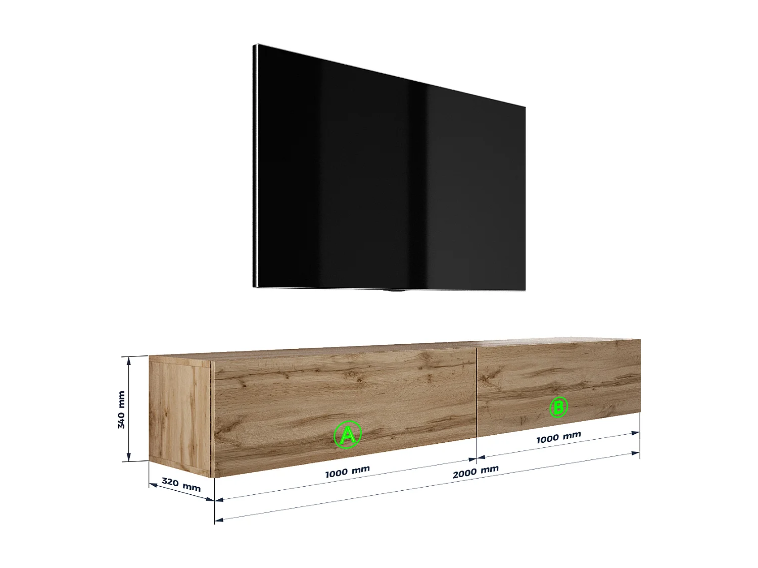 Meuble TV Suspendu, (2 x 100) x 34 x 32 cm, Chêne Wotan
