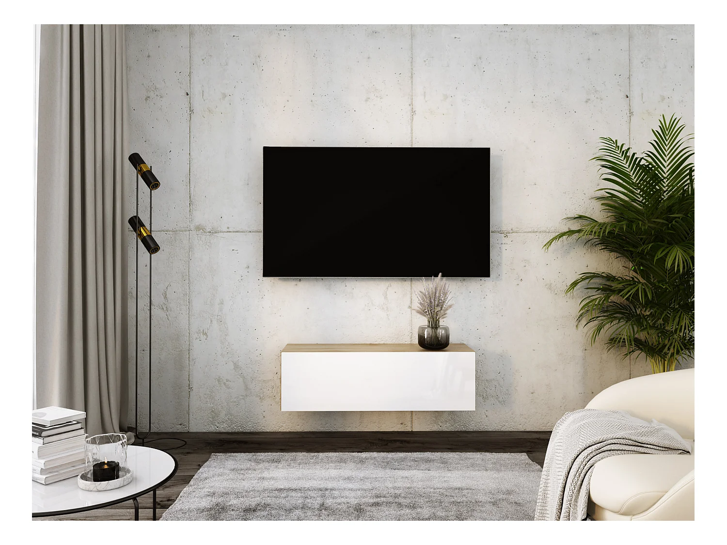 Meuble TV Suspendu, 100 x 34 x 32 cm, Chêne Wotan / Blanc Brillant