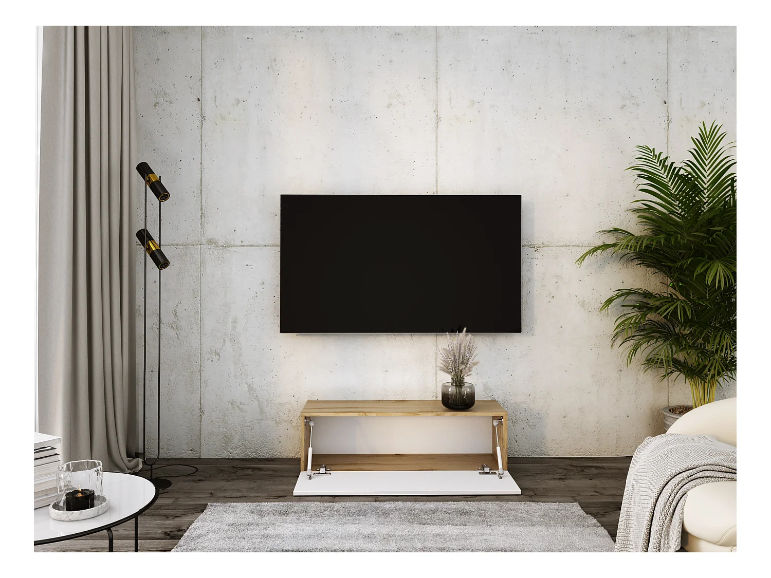 Meuble TV Suspendu, 100 x 34 x 32 cm, Chêne Wotan / Blanc Brillant