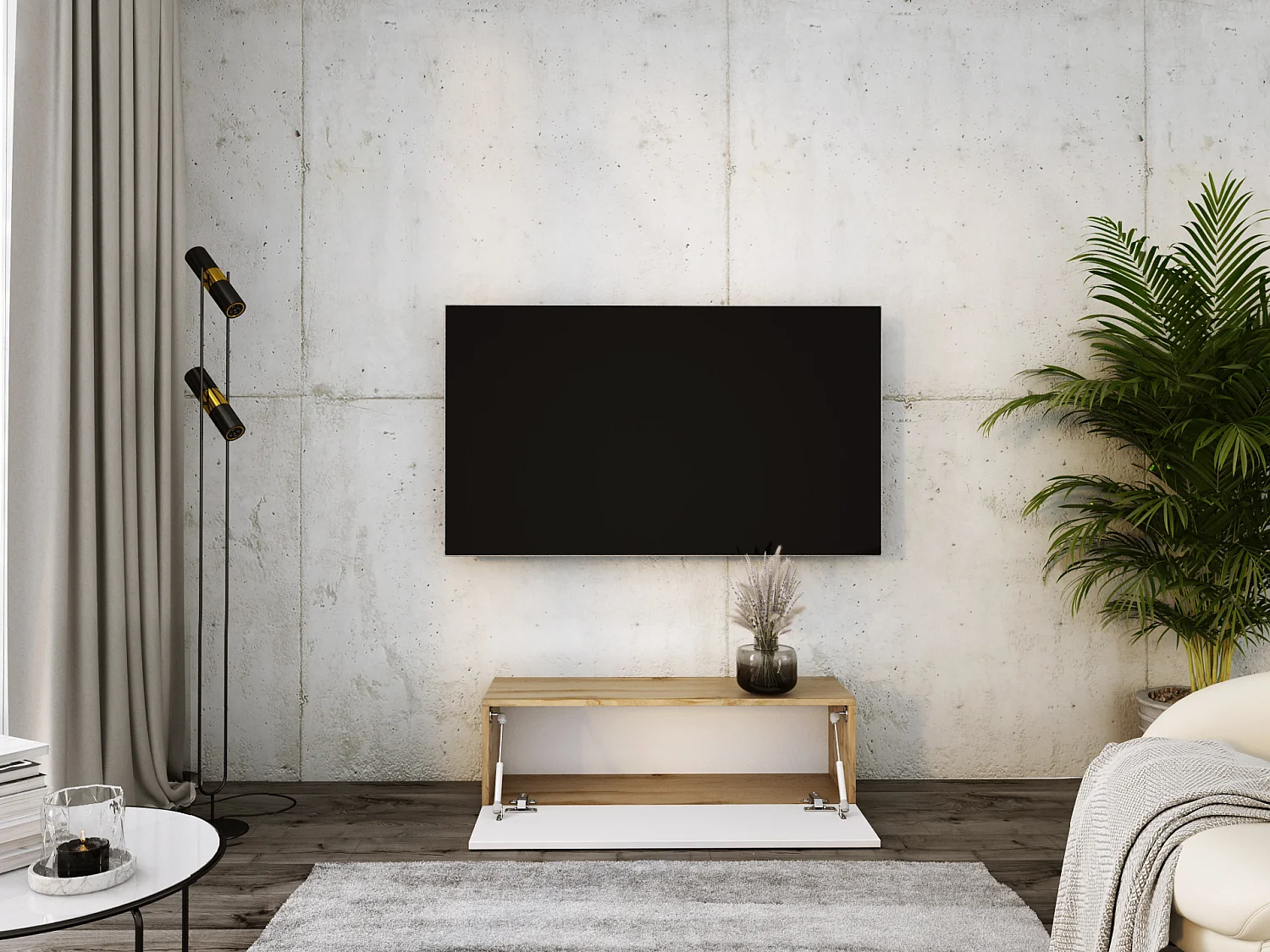 Zawieszana szafka RTV, 100 x 34 x 32 cm, Dąb Wotan / Biały Błyszczący