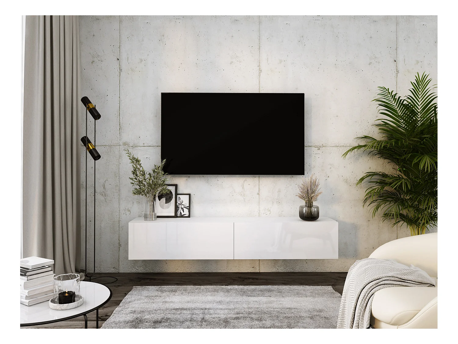 Meuble TV Suspendu, 170 x 34 x 32 cm, Blanc Mat / Blanc Brillant