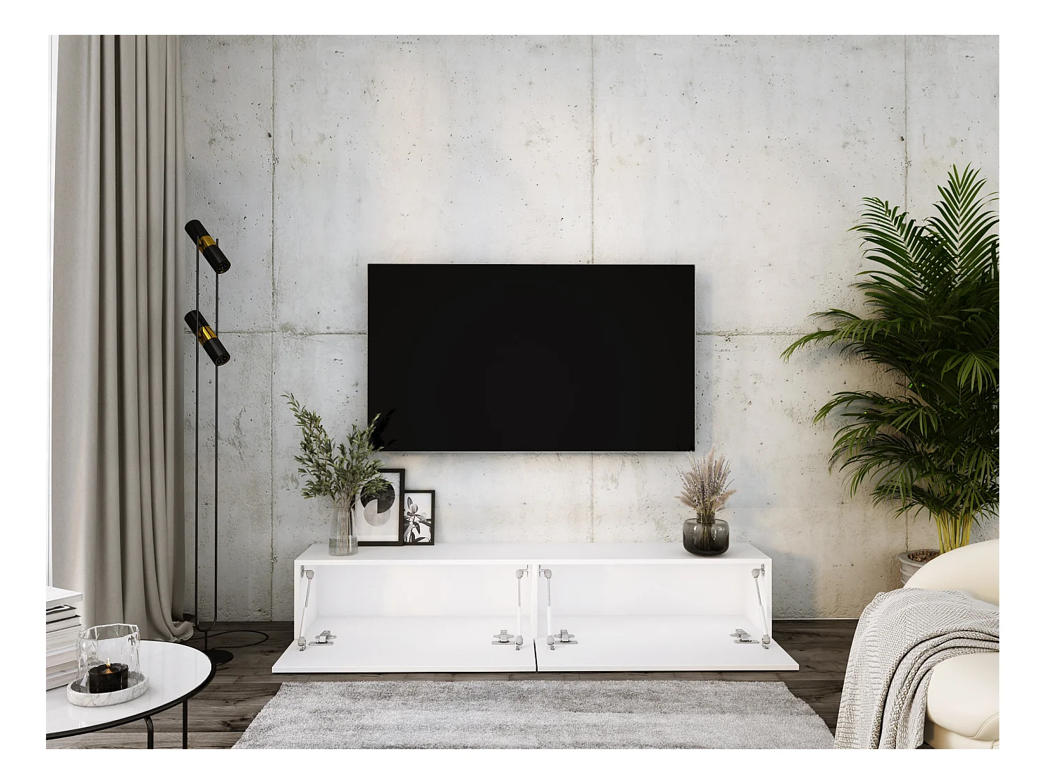 Meuble TV Suspendu, 170 x 34 x 32 cm, Blanc Mat / Blanc Brillant