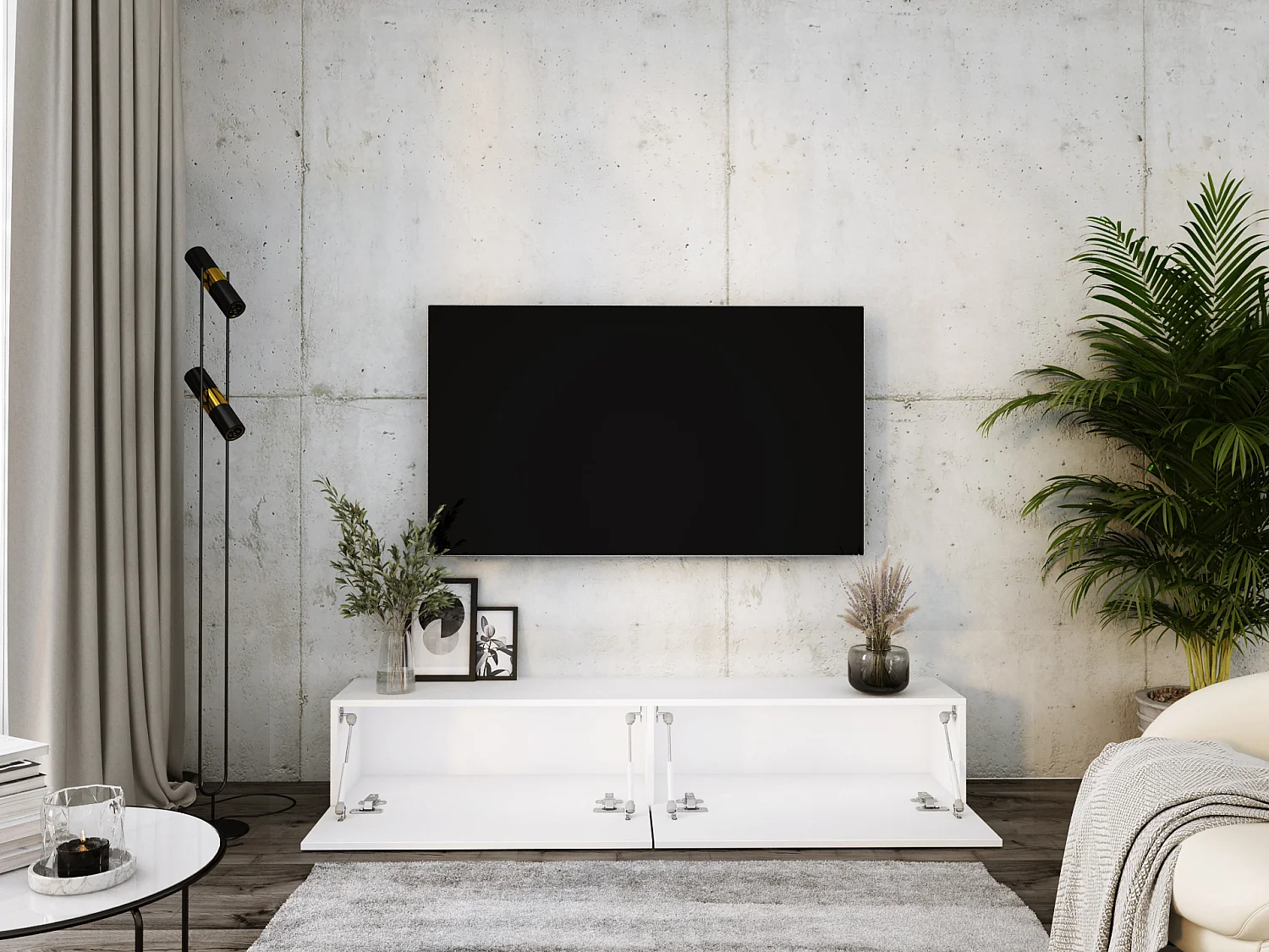 Meuble TV Suspendu, 170 x 34 x 32 cm, Blanc Mat / Blanc Brillant