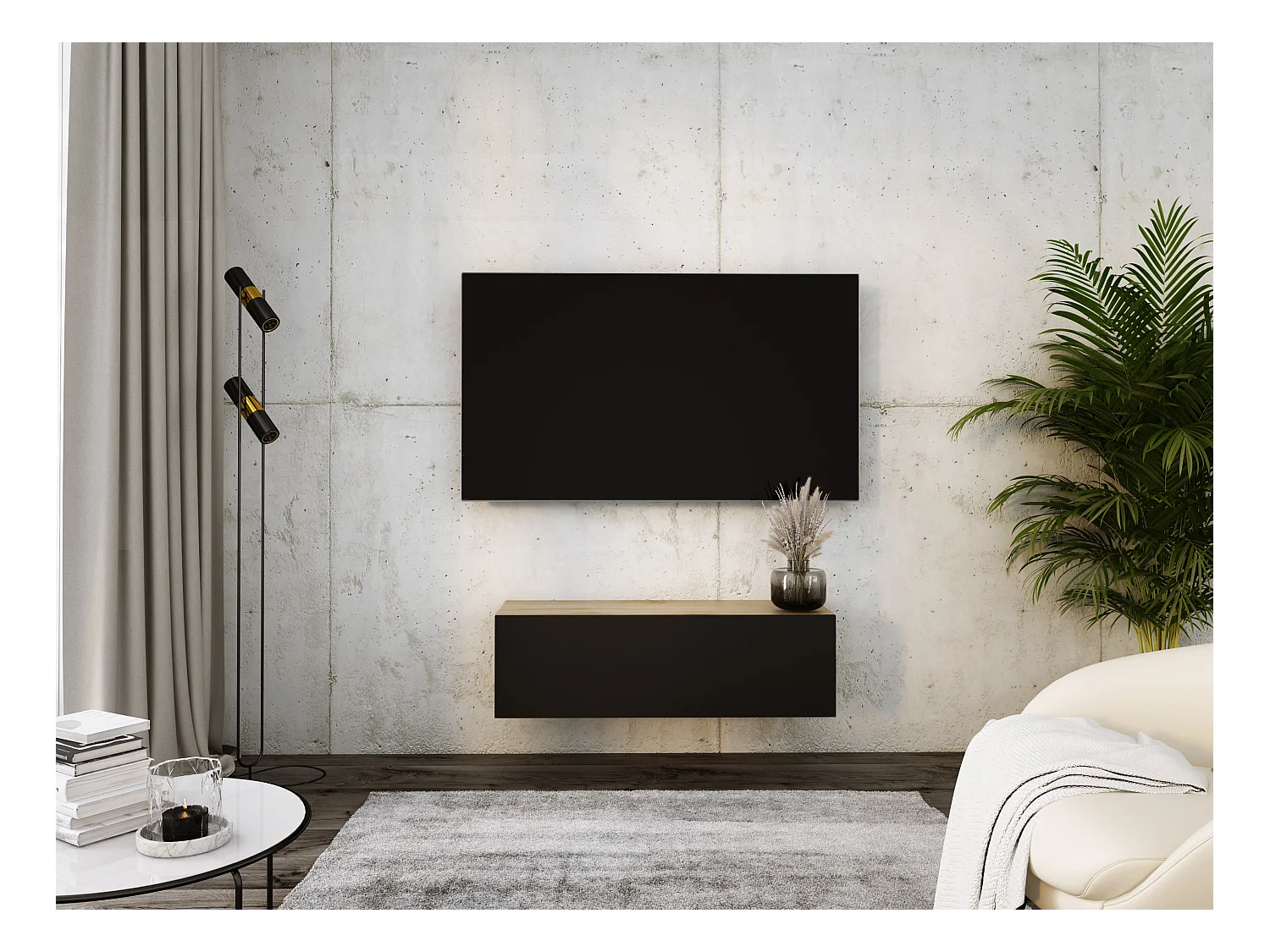 Meuble TV Suspendu, 100 x 34 x 32 cm, Chêne Wotan / Noir Mat