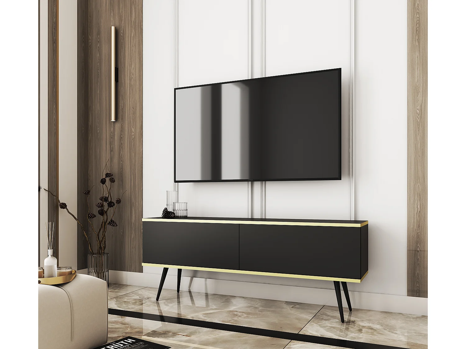 Szafka RTV, czarna, czarne nogi, 135 x 30 x 52 cm, Push to Open