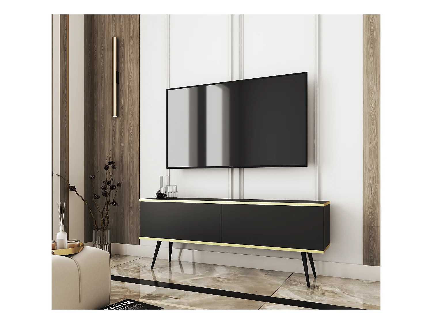 Meuble TV, Noir, pieds Noir, 135 x 30 x 52 cm, Push to Open