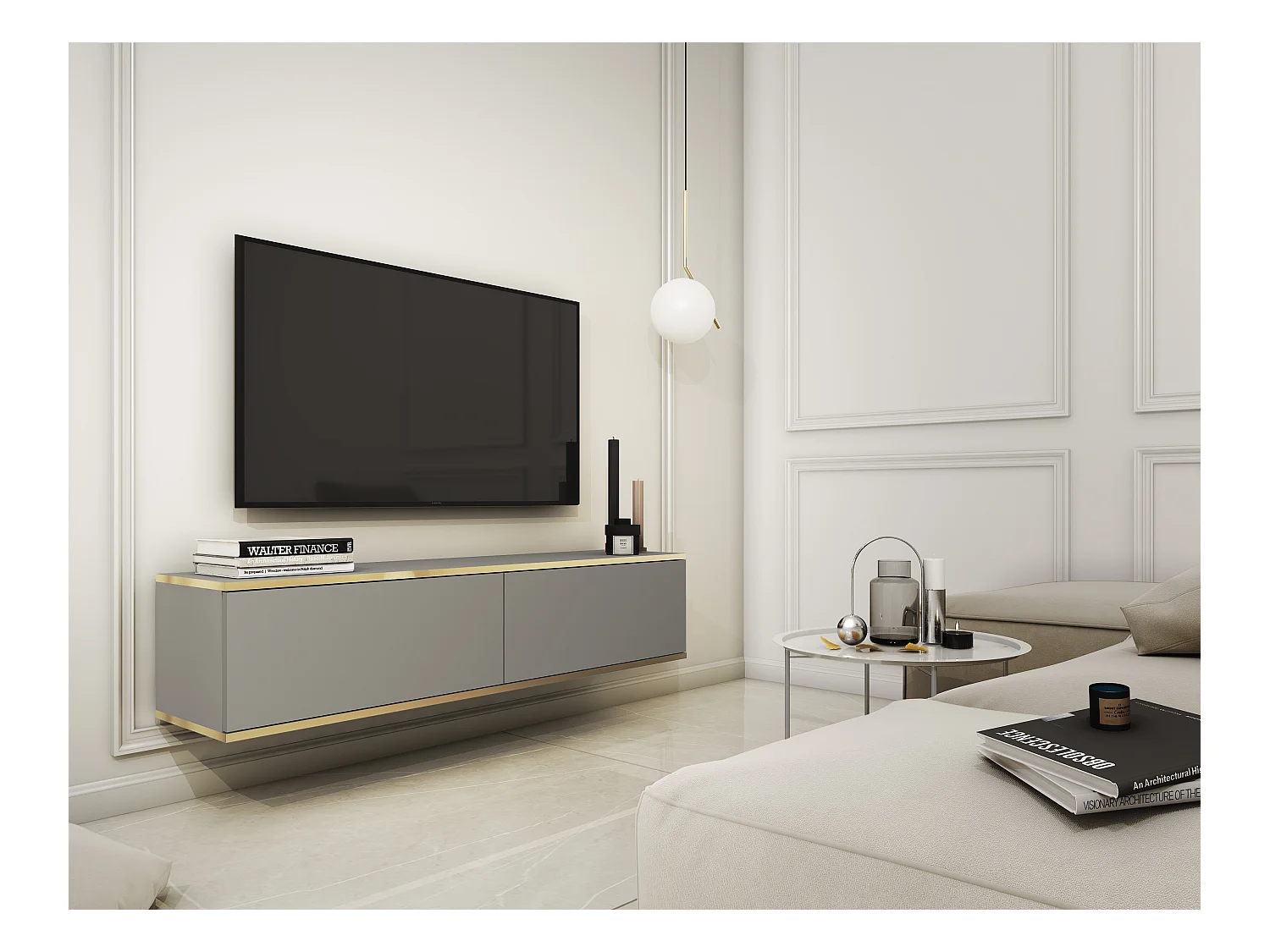 Meuble TV, Gris, 135 x 30 x 32 cm, Push to Open