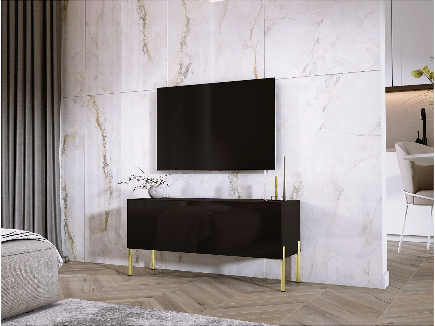 Szafka RTV, czarny matowy / czarny błyszczący, złote nogi, 100 x 52 x 32 cm