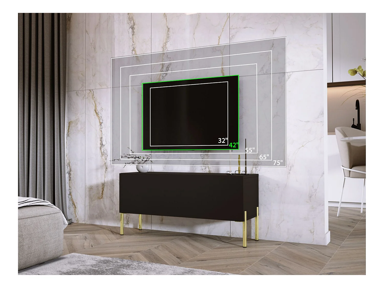 Szafka RTV, czarny matowy / czarny błyszczący, złote nogi, 100 x 52 x 32 cm