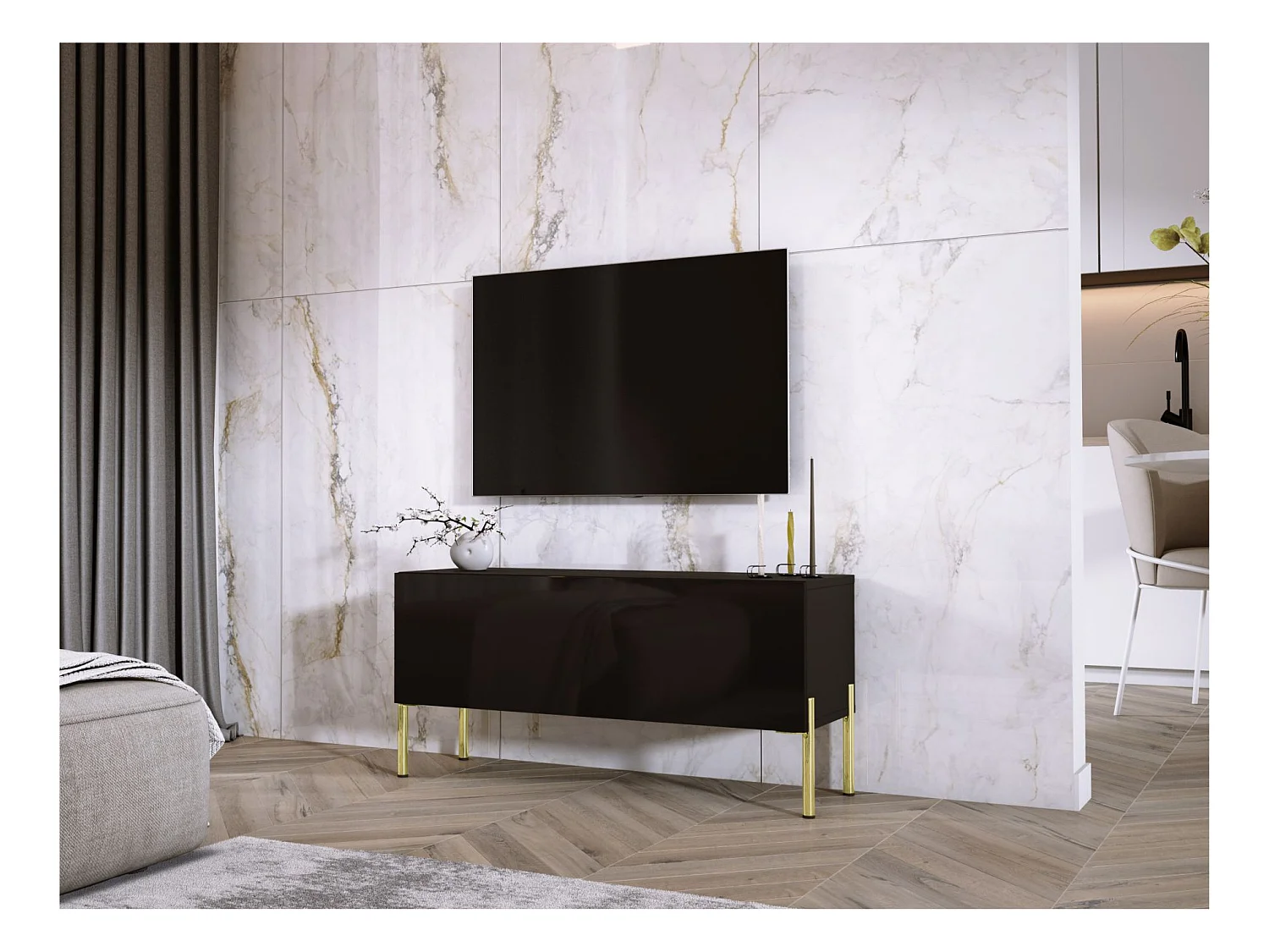 Meuble TV, Noir Mat / Noir Brillant, pieds dorées, 100 x 52 x 32 cm
