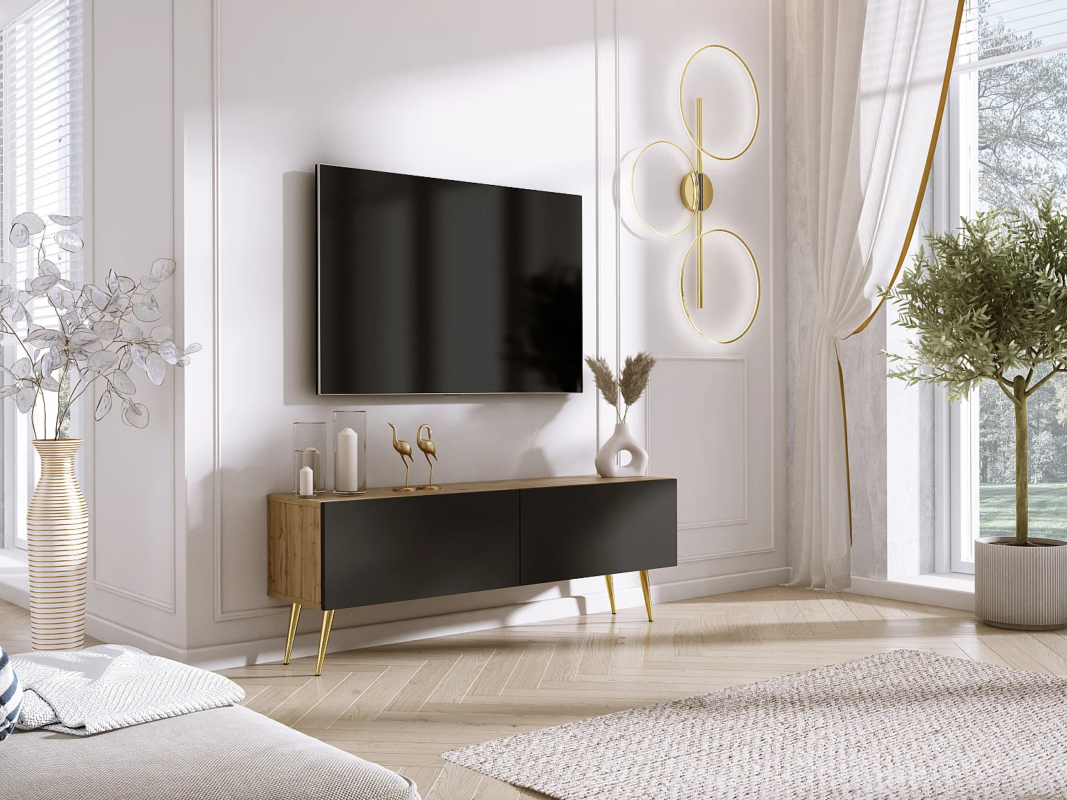 TV-Schrank: Wotan-Eiche / Mattschwarz, goldene Beine, 140 x 52 x 32 cm