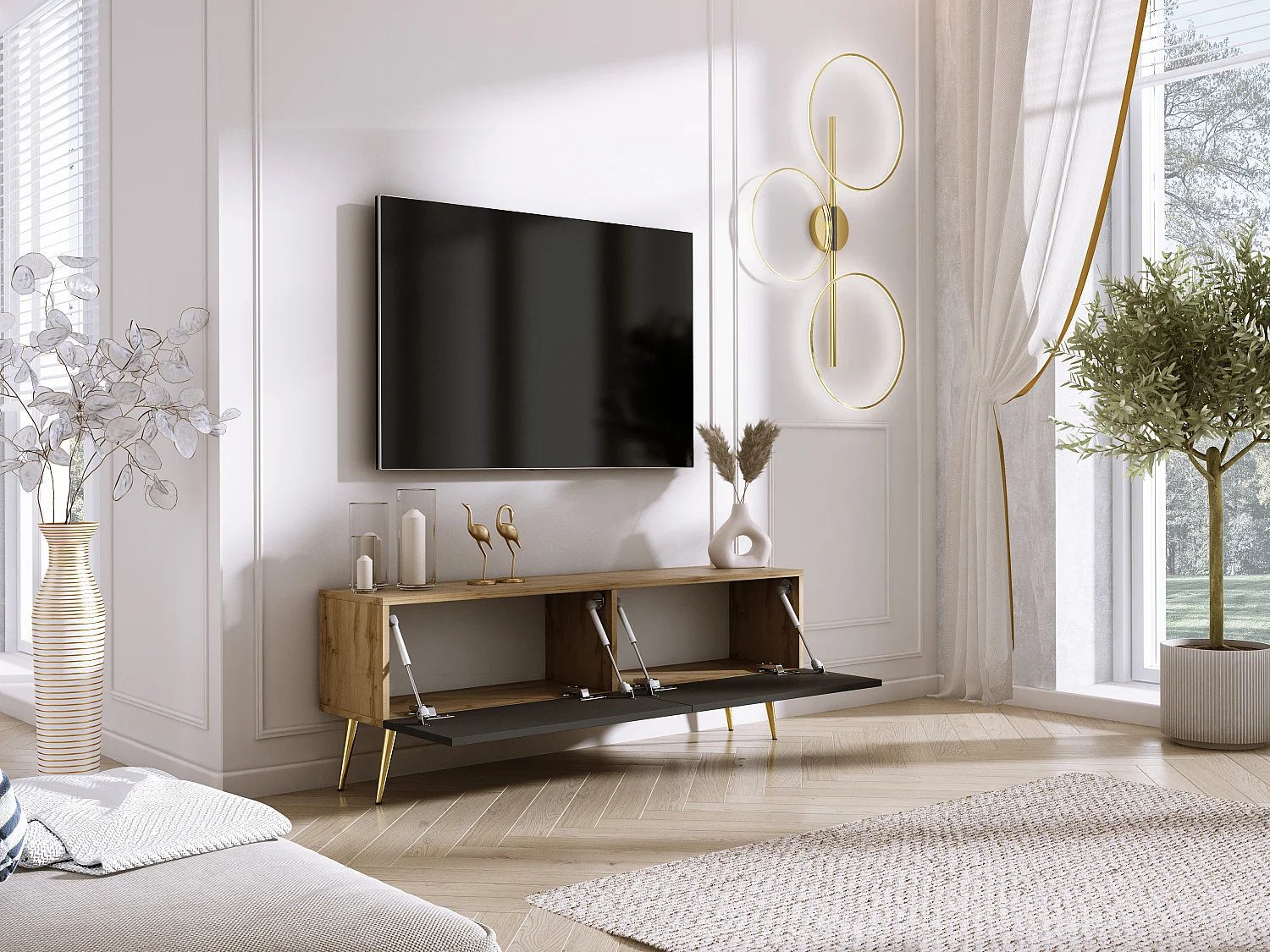 TV-Schrank: Wotan-Eiche / Mattschwarz, goldene Beine, 140 x 52 x 32 cm