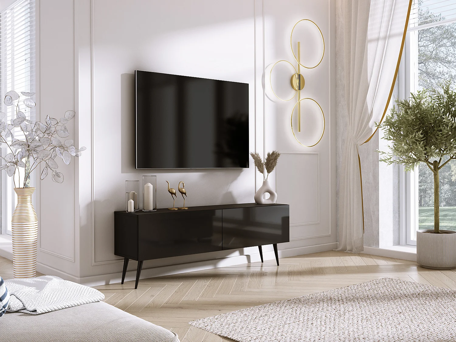 Meuble TV : Noir Mat/ Noir Brillant, pieds noires, 140 x 52 x 32 cm