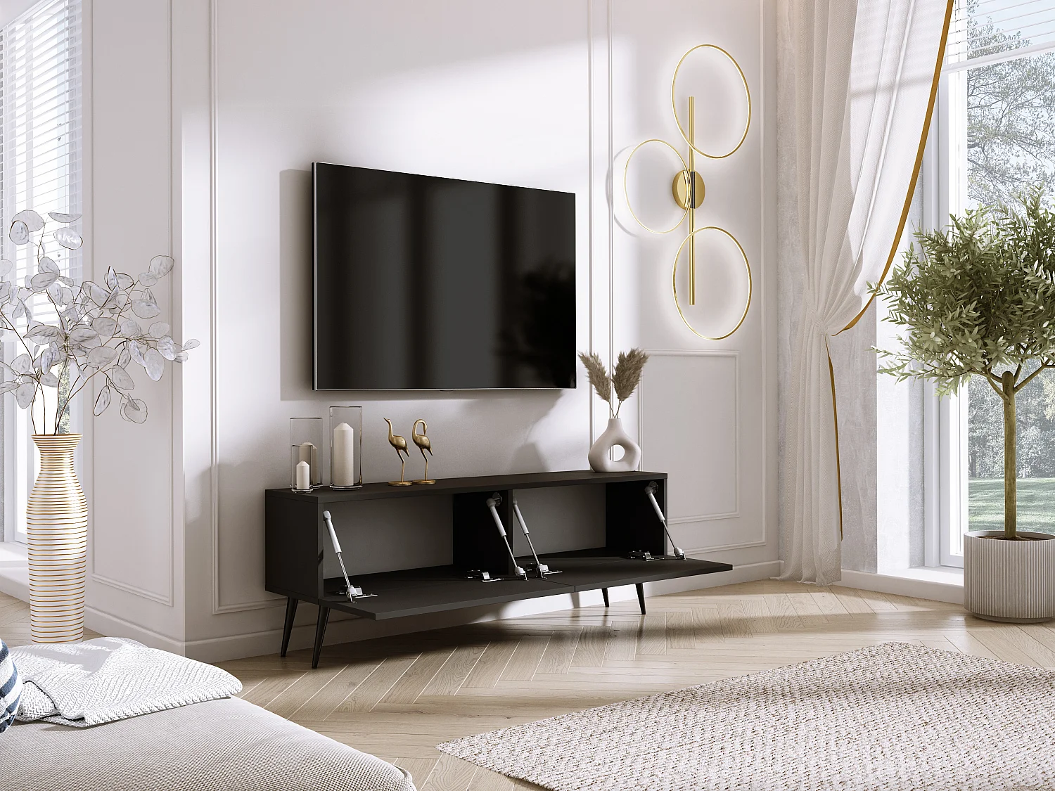 Meuble TV : Noir Mat/ Noir Brillant, pieds noires, 140 x 52 x 32 cm