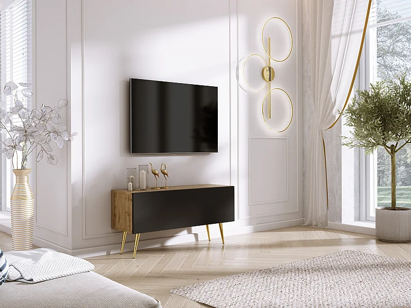 Mobile TV: rovere Wotan / nero opaco, gambe dorate, 100 x 52 x 32 cm