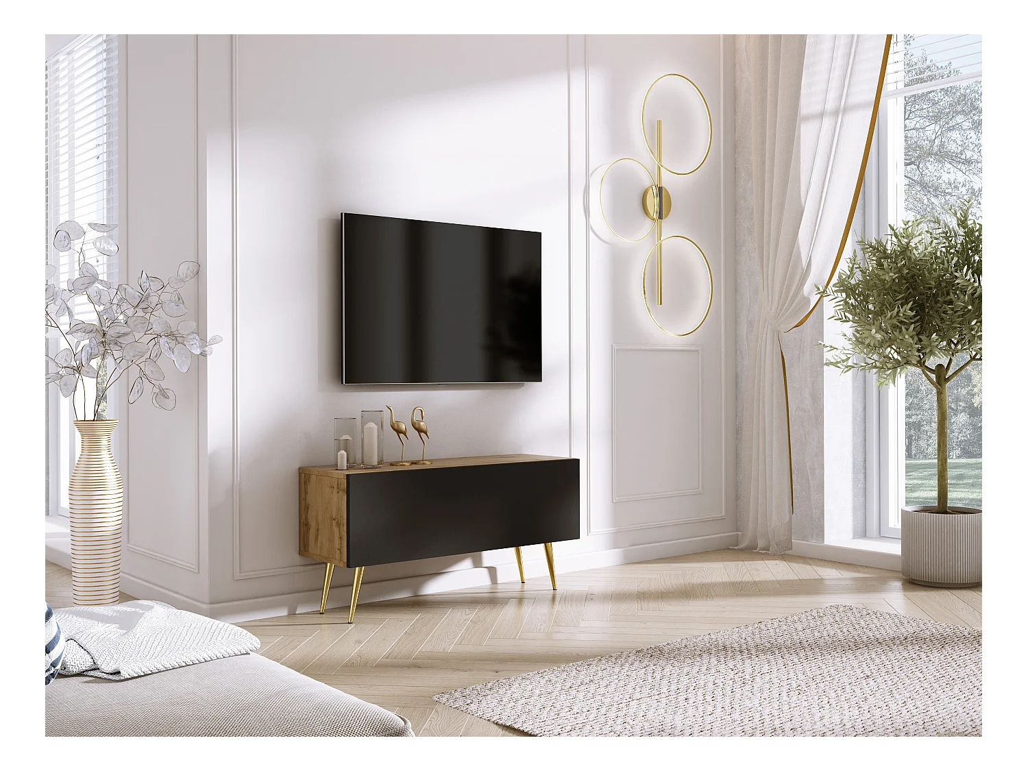 Mueble TV: Roble Wotan / Negro mate, patas doradas, 100 x 52 x 32 cm