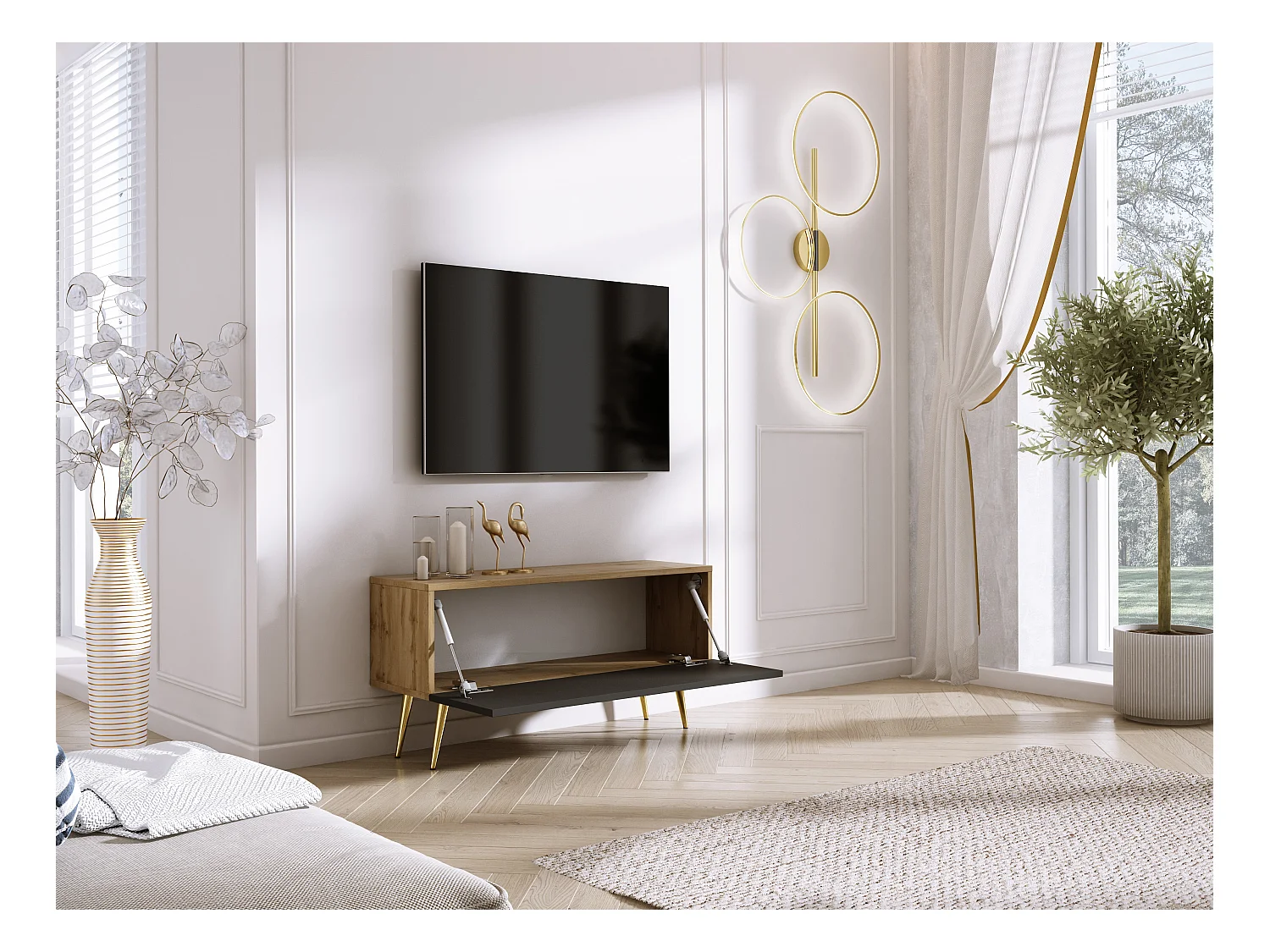 Mueble TV: Roble Wotan / Negro mate, patas doradas, 100 x 52 x 32 cm