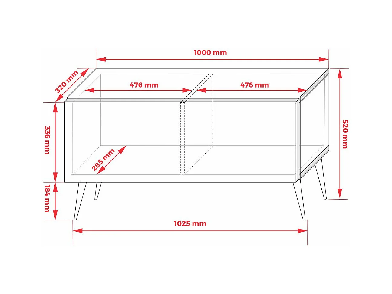 Mueble TV: Roble Wotan / Negro mate, patas doradas, 100 x 52 x 32 cm