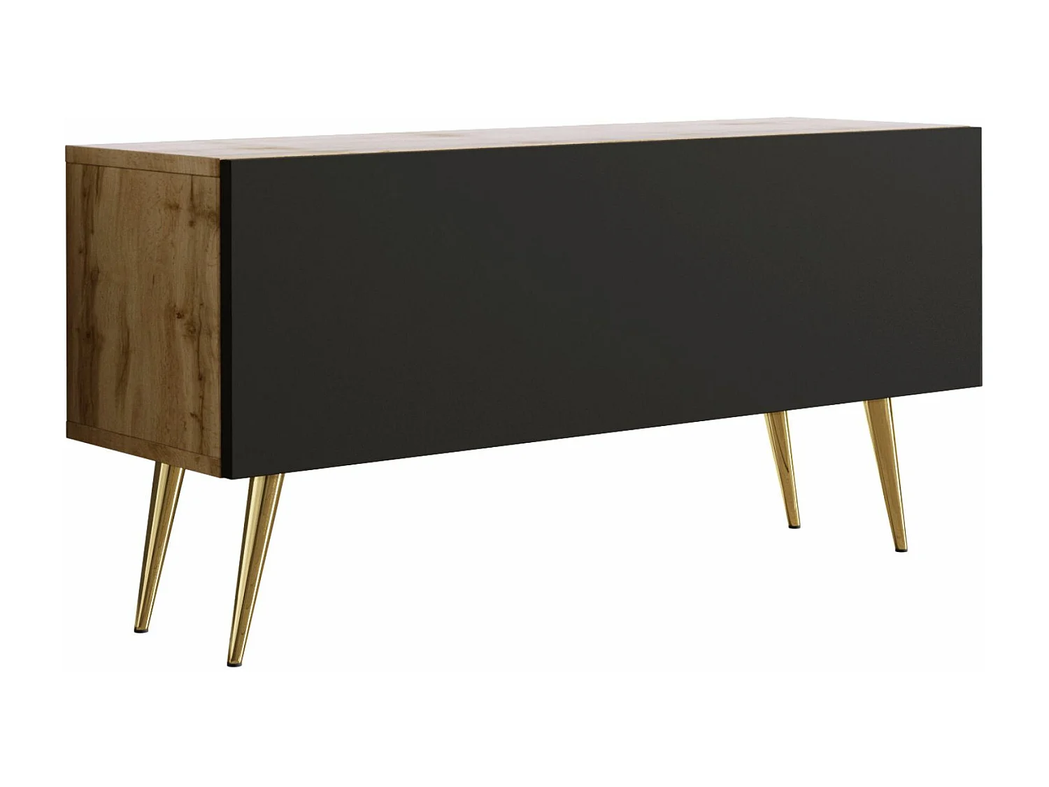 Meuble TV : Chêne Wotan / Noir Mat, pieds dorées, 100 x 52 x 32 cm