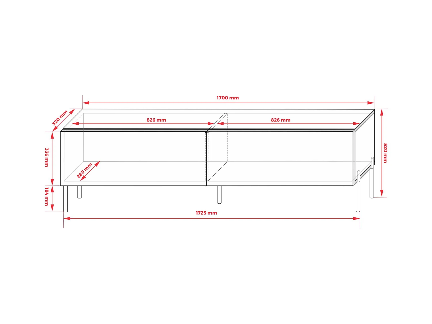 TV-meubel: Steenrood, 170 x 52 x 32 cm, zwarte poten